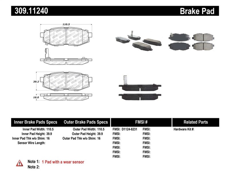 StopTech 309.11240 Sport Brake Pads with Shims and Hardware - Image 2